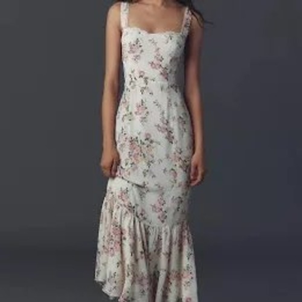 Reformation Kourtney Midi Dress Floral Lace Trim Ruffle Hem Cream Pink Size 4